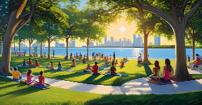 A vibrant park with green lawns, walking paths, families picnicking, and a sculpture near the sparkling bay under golden sunlight.