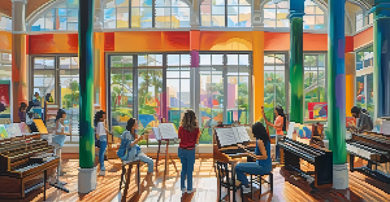 A creative scene at the University of the Arts in Miami with students painting, dancing, and making music.