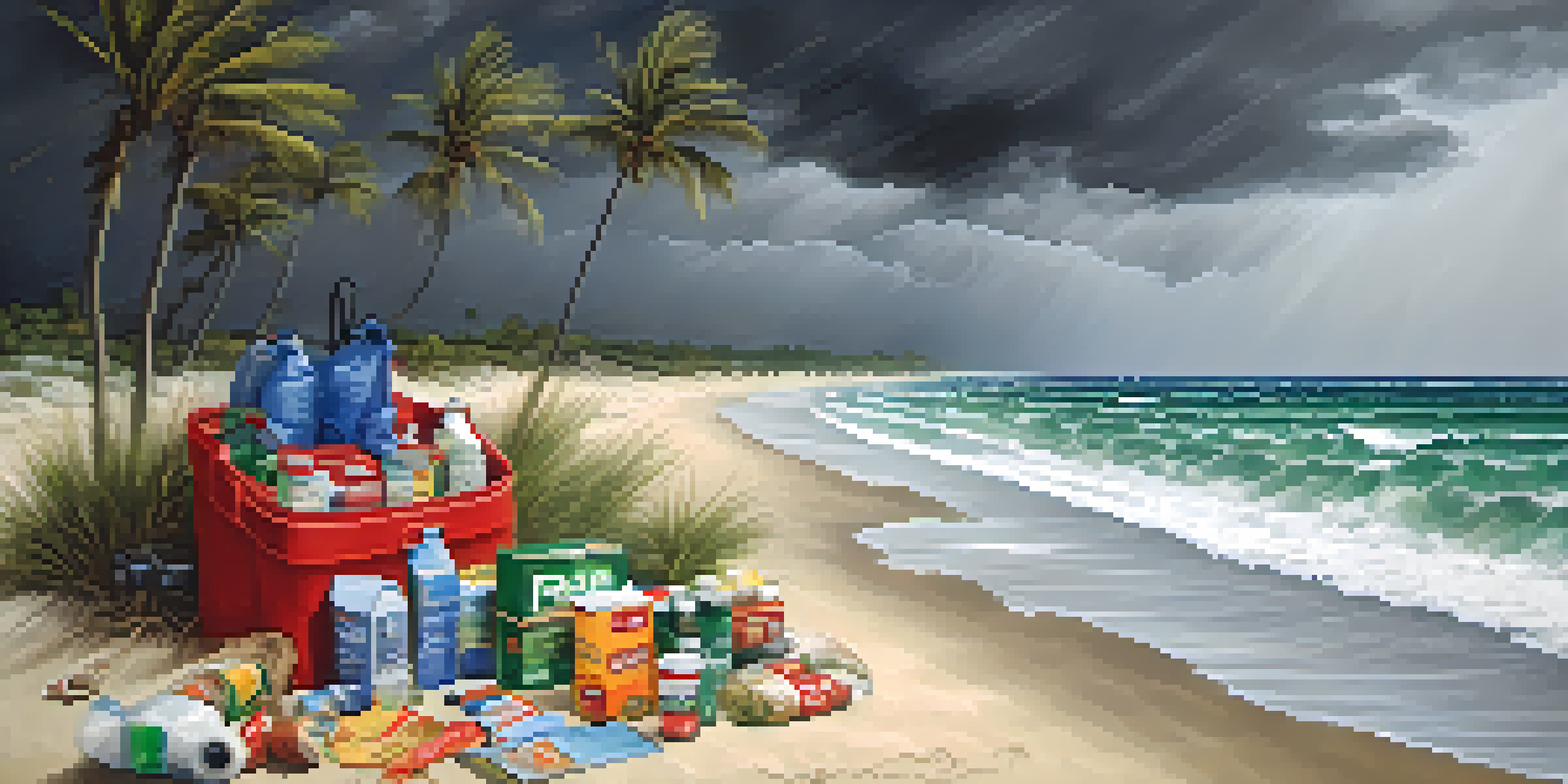 A Miami beach scene with storm clouds and crashing waves, while a family prepares an emergency kit in the foreground.