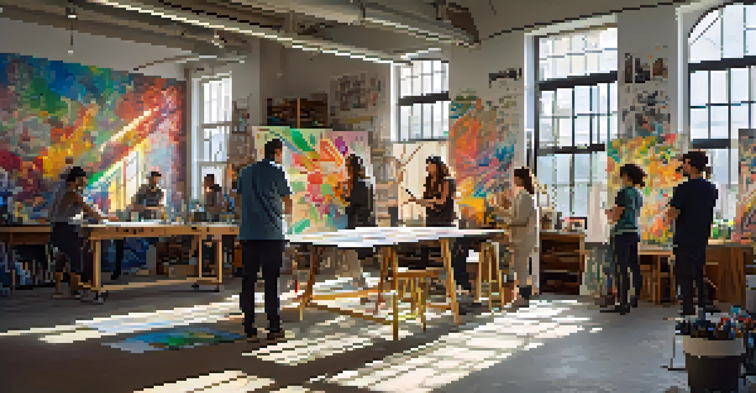 Artists collaborating on a mural inside an art collective workshop filled with sketches and warm sunlight.