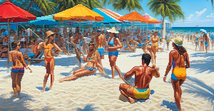 A sunny day at South Beach with beach volleyball players, colorful umbrellas, and palm trees swaying in the breeze.