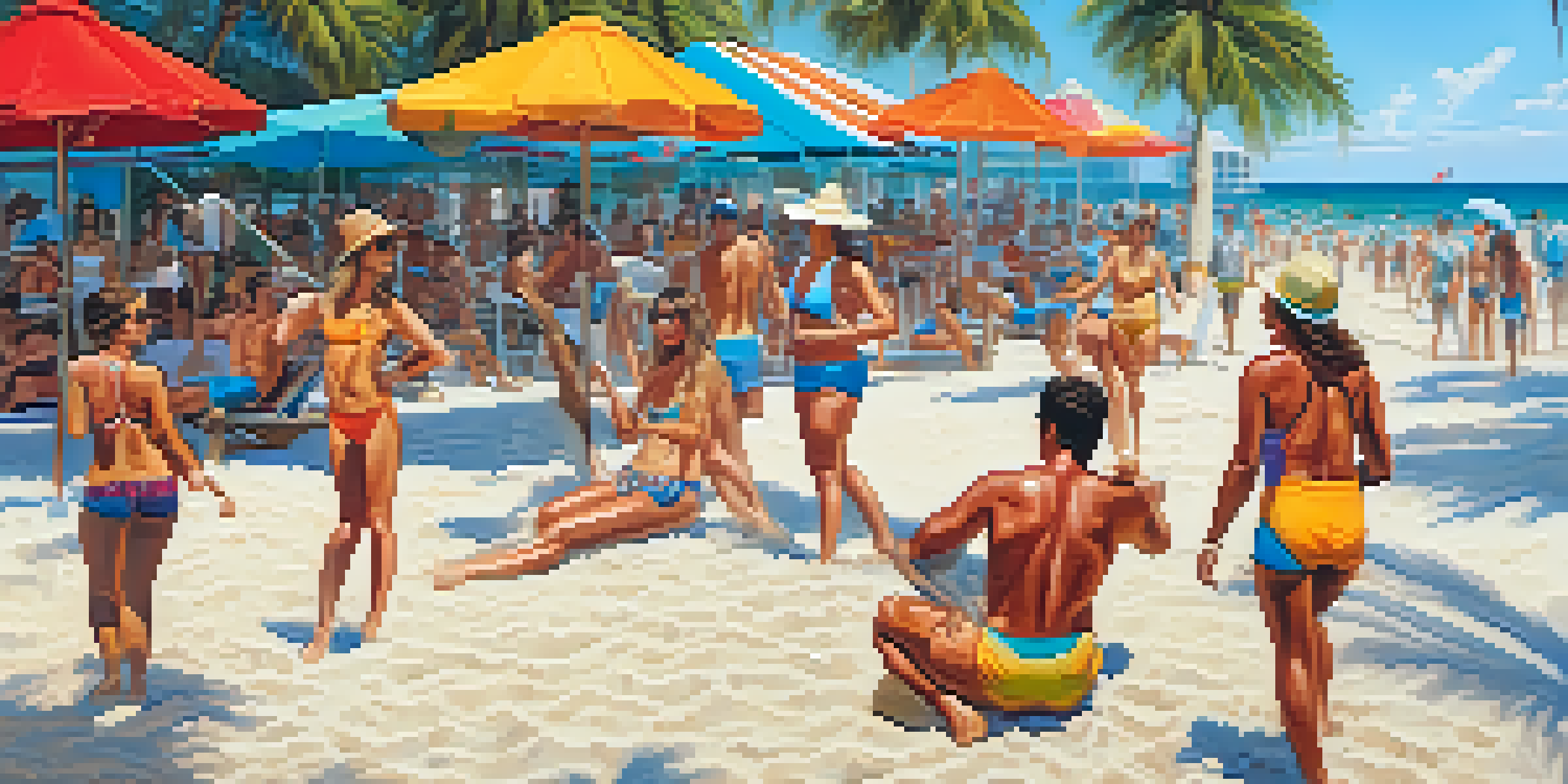 A sunny day at South Beach with beach volleyball players, colorful umbrellas, and palm trees swaying in the breeze.