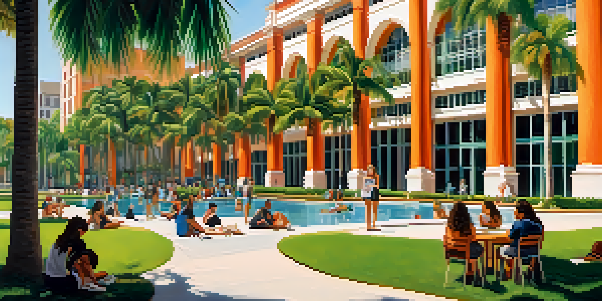 A sunny campus scene at the University of Miami with students studying and palm trees in the background.