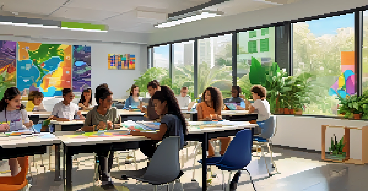A modern Miami classroom with diverse students collaborating on a project, surrounded by technology and colorful decor.