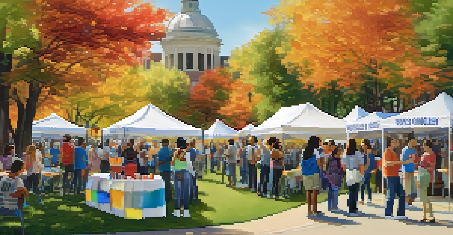A community event in a park with university students and faculty interacting with local residents, featuring booths and colorful banners.
