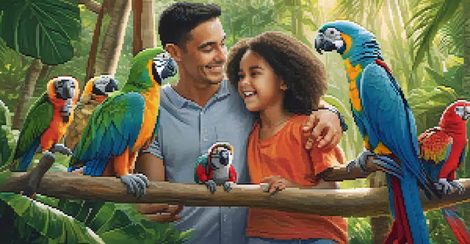 Families engaging with exotic animals at Jungle Island, with children feeding a lemur and a parrot on a parent's shoulder amidst lush greenery.