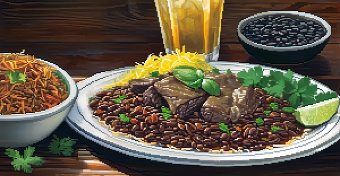 A plate of Cuban Ropa Vieja with black beans and rice on a rustic table, alongside a tropical drink.
