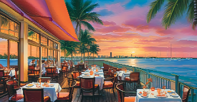 A scenic sunset view from a waterfront restaurant in Miami with outdoor dining tables, vibrant sky colors, and palm trees.