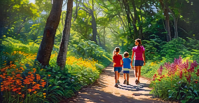A family hiking along a lush trail in a Miami park, with trees and wildflowers surrounding them.