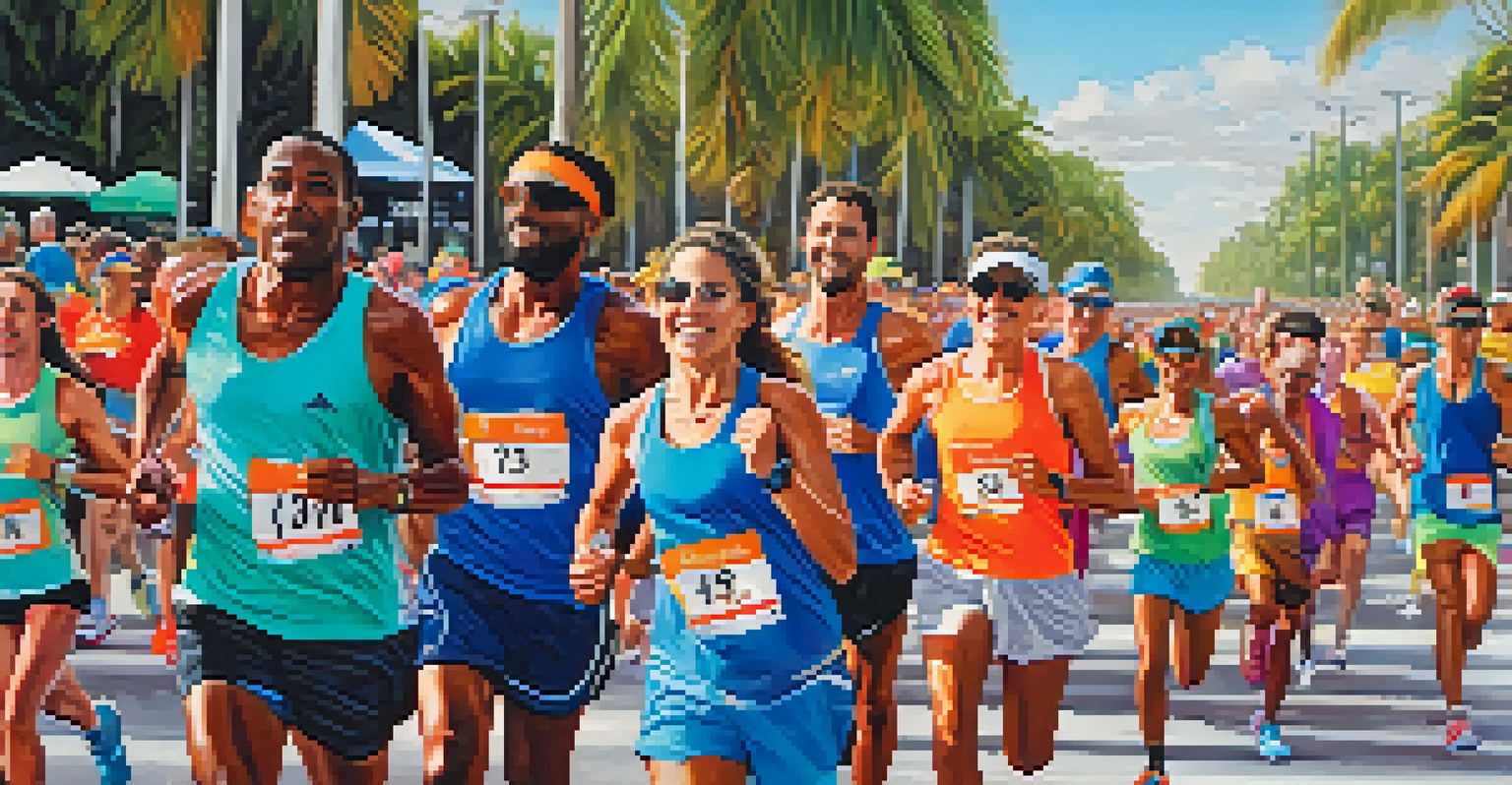 A diverse group of runners in bright athletic gear participating in the Miami Marathon, with palm trees and cheering spectators in the background.