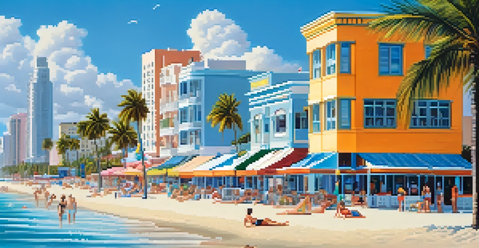 A vibrant beach scene at South Beach, Miami, with colorful Art Deco buildings, sandy shores, and people enjoying various beach activities.