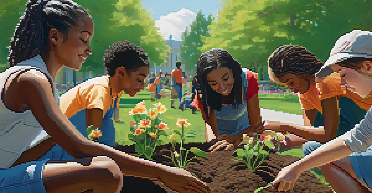 A diverse group of students working together to plant flowers in a park, showcasing teamwork and community service.
