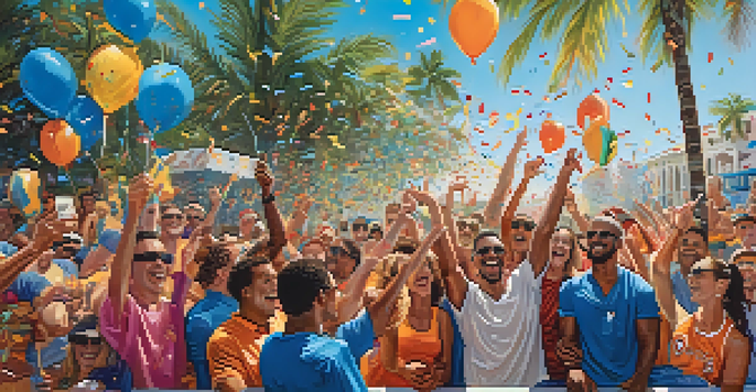 A lively street celebration in Miami with fans wearing colorful sports jerseys, surrounded by confetti and balloons, celebrating a victory.
