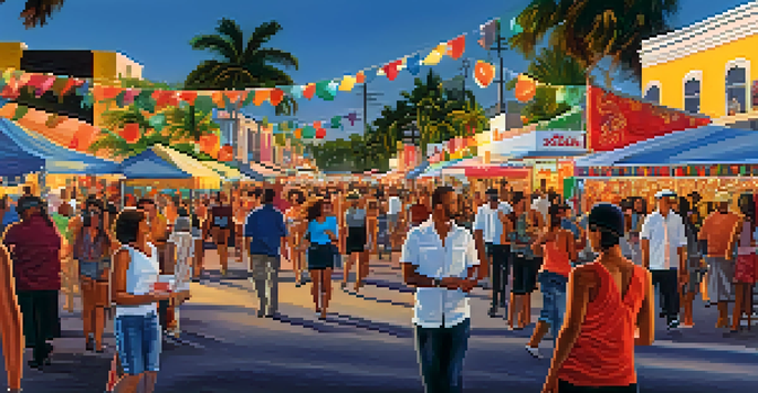 A lively street festival in Miami with colorful decorations, people dancing, and food vendors under a sunset sky.