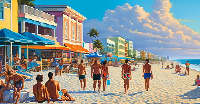 A lively South Beach scene with pastel-colored Art Deco buildings, colorful lifeguard stands, and beachgoers on a sandy shore under a bright blue sky.