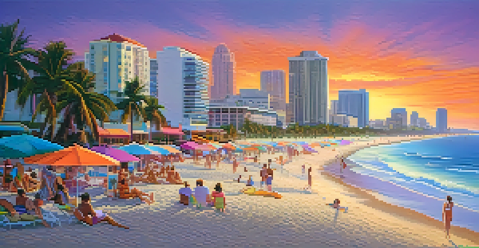 A vibrant sunset over Miami Beach with art deco buildings, colorful umbrellas, and palm trees.