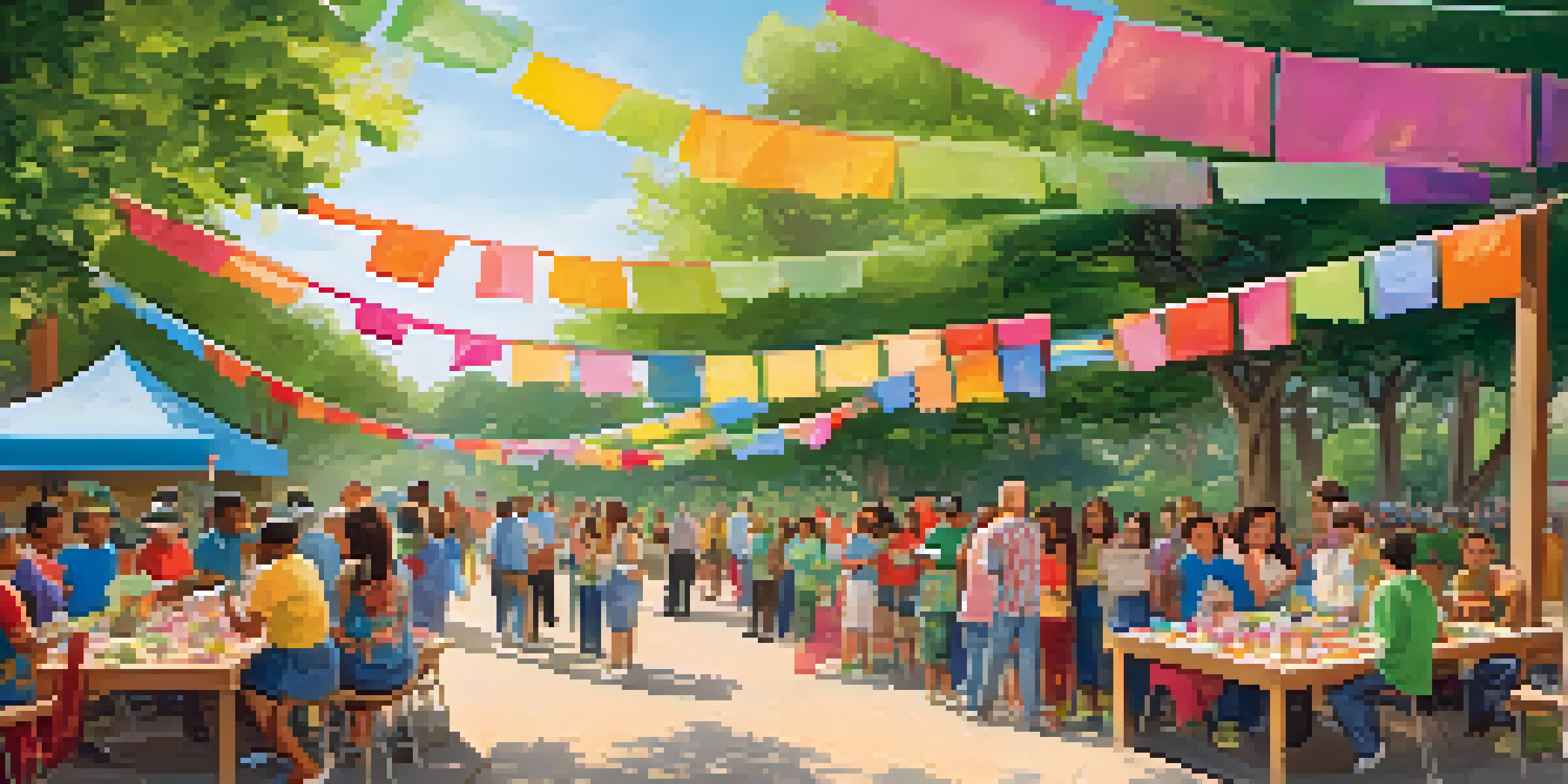 A lively outdoor community event with families, local leaders, and children engaging in activities under a sunny sky surrounded by greenery.