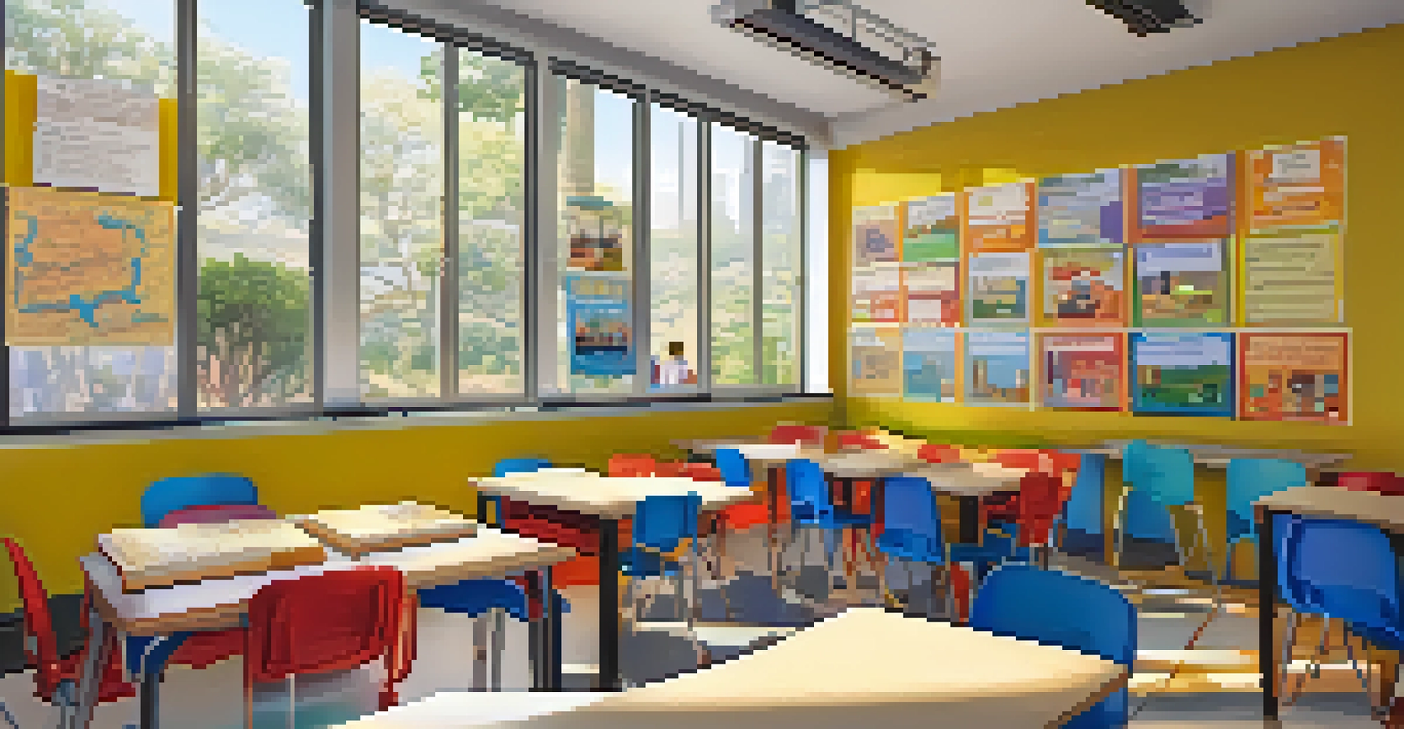 A close-up of a bilingual classroom with students studying from English and Spanish books, surrounded by educational posters.