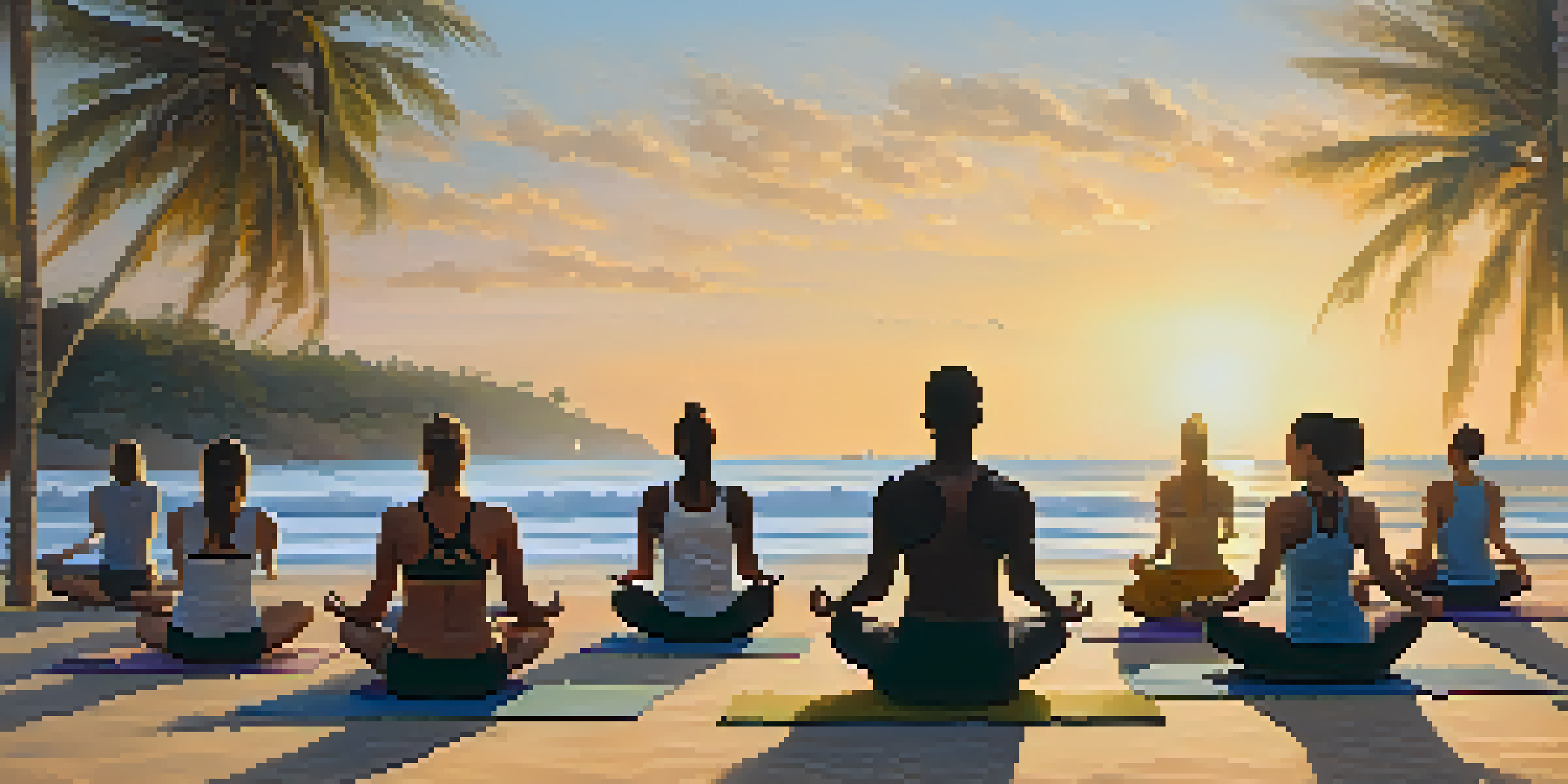 A group of people practicing yoga on the beach during sunrise, with palm trees and ocean waves in the background.