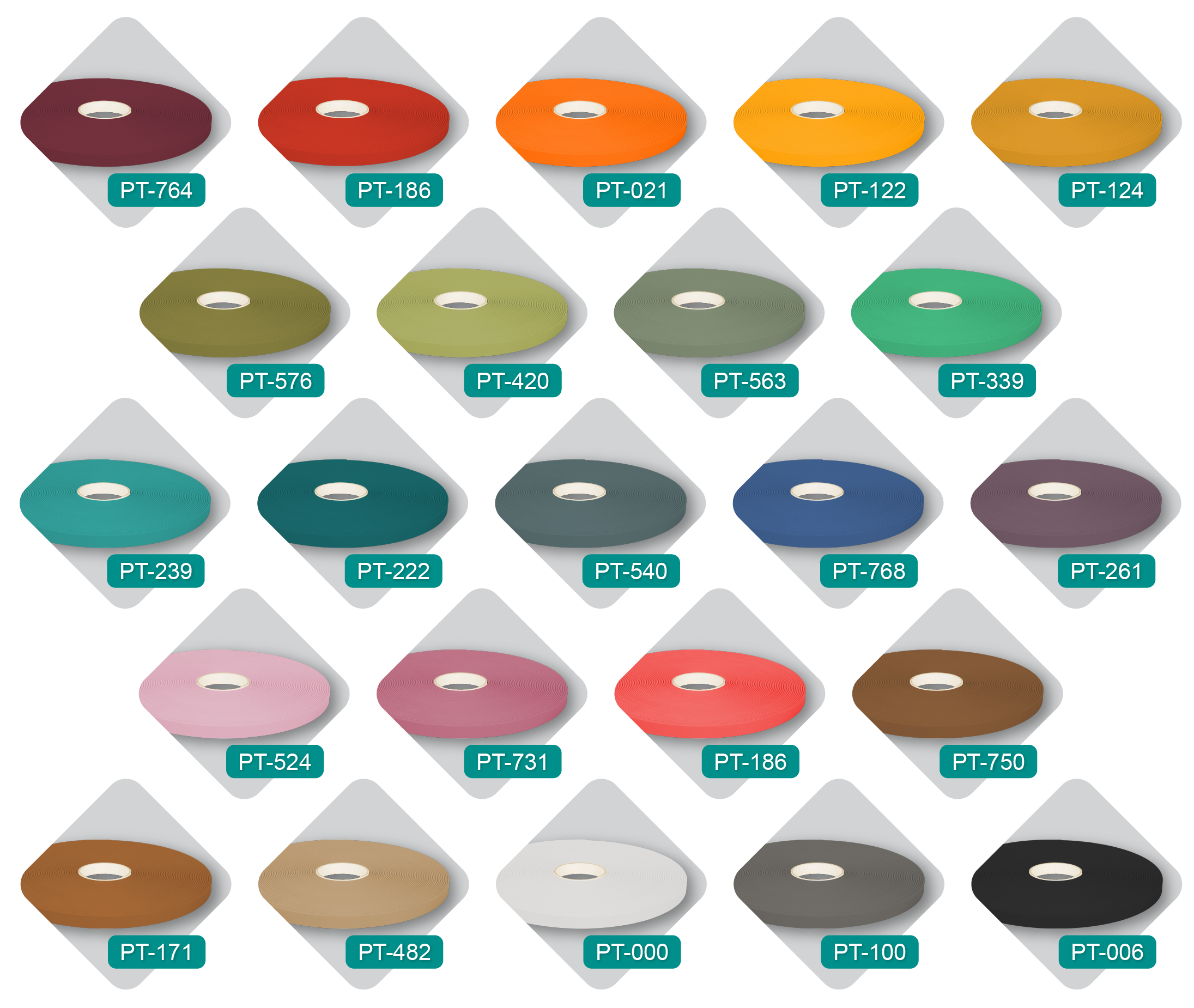 a display of different colored pawtex roles with the product codes on them