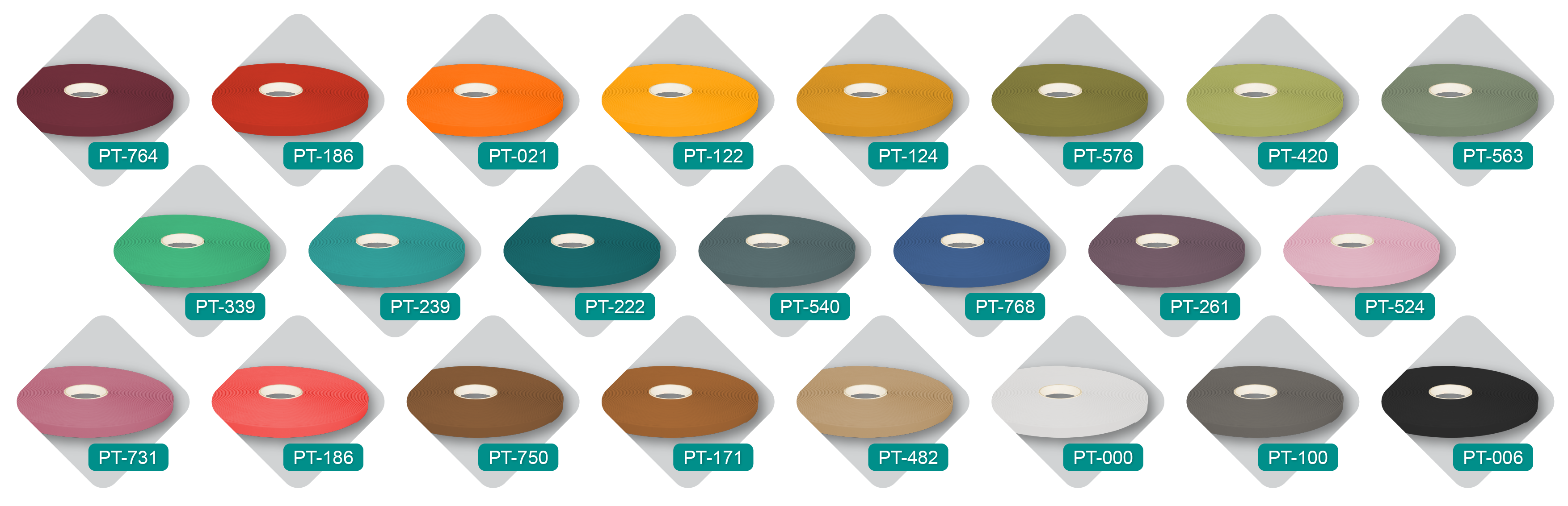a display of different colored pawtex roles with the product codes on them