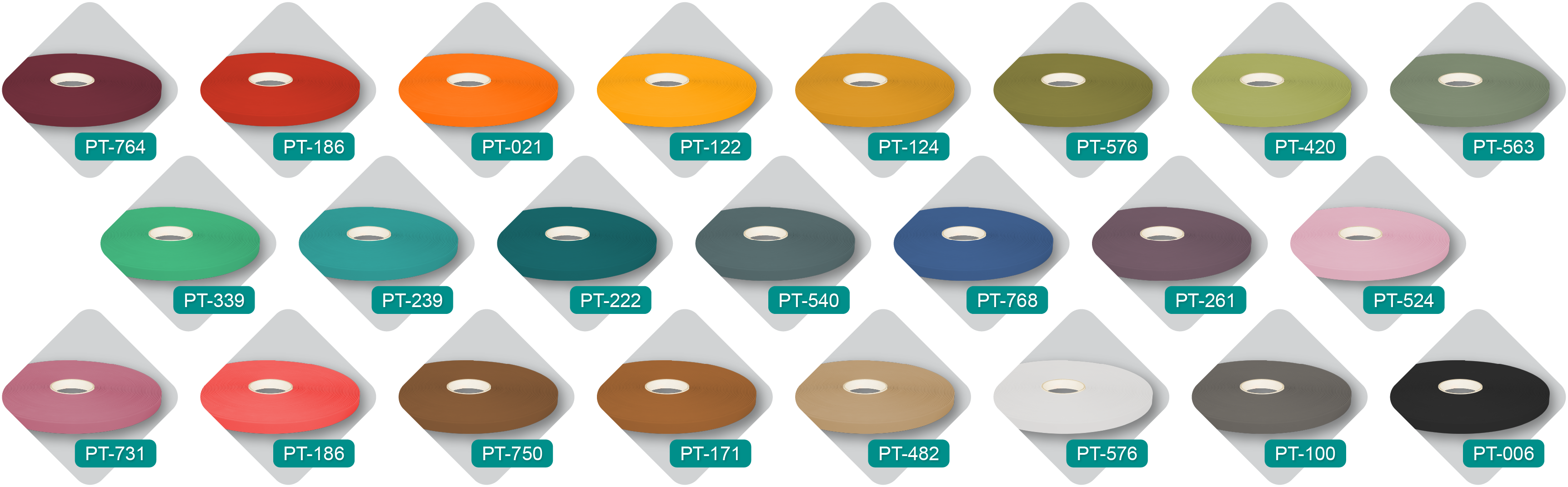 a display of different colored pawtex roles with the product codes on them
