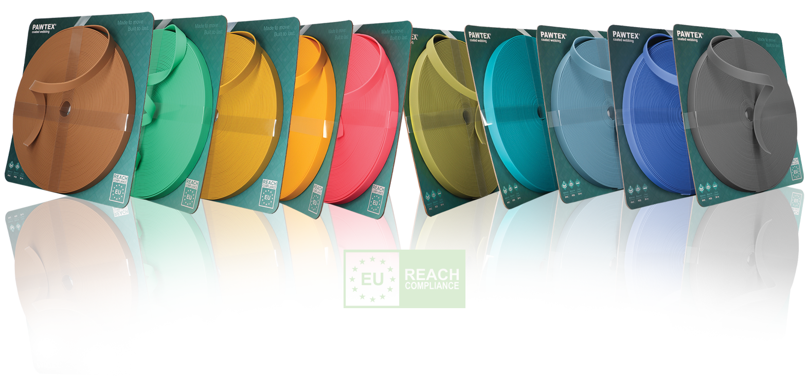 a row of different colored pawtex roles