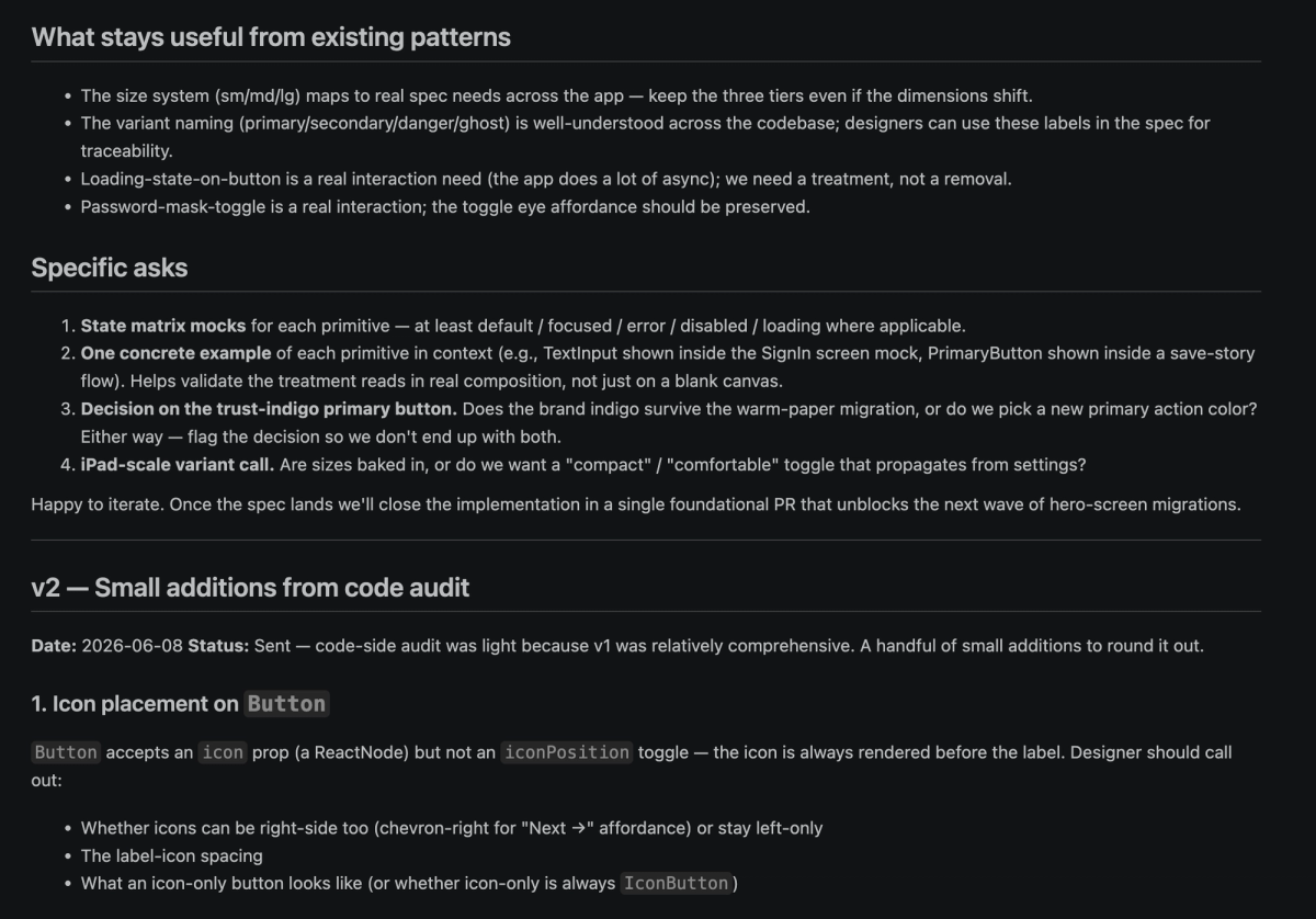 Screenshot of an existing designer brief, showing an incremental version adding and refining details