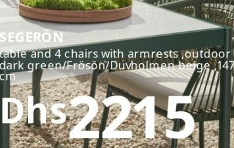 SEGERÖN table and 4 chairs with armrests, outdoor dark green/Frösön/Duvholmen beige, 147 cm