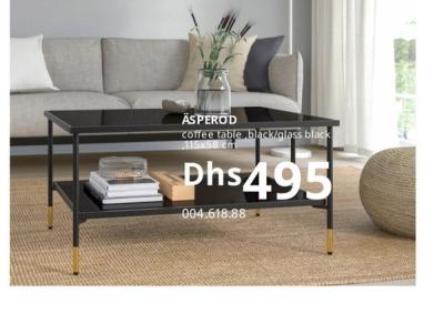 ÄSPEROD coffee table, black/glass black, 115x58 cm