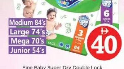 Fine Baby Super Dry Double Lock Diapers asstd. Medium 84's, Large 74's, Mega 70's, Junior 54's