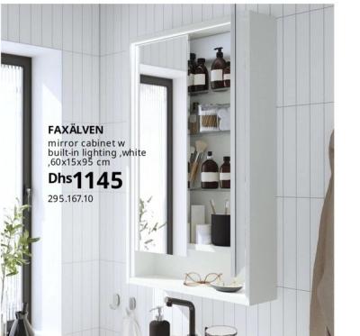 FAXÄLVEN mirror cabinet with built-in lighting, white, 60x15x95 cm