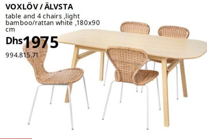 VOXLÖV table and 4 chairs, light bamboo/rattan white, 180x90 cm