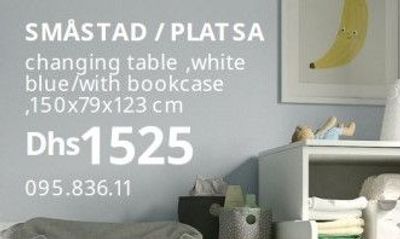 SMÅSTAD / PLATSA changing table, white blue/with bookcase, 150x79x123 cm