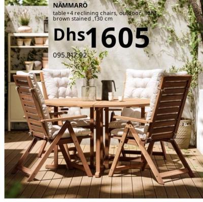 NÄMMARÖ table + 4 reclining chairs, outdoor, light brown stained, 130 cm