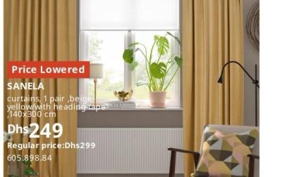 SANELA curtains, 1 pair, beige-yellow/with heading tape, 140x300 cm