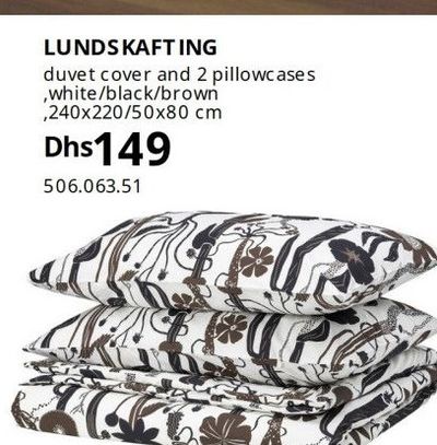 LUNDSKAFTING duvet cover and 2 pillowcases, white/black/brown, 240x220/50x80 cm