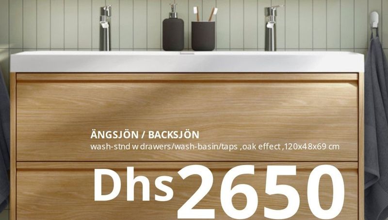 ÄNGSJÖN / BACKSJÖN wash-stand w drawers/wash-basin/taps, oak effect, 120x48x69 cm