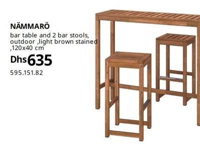 NÄMMARÖ bar table and 2 bar stools, outdoor, light brown stained, 120x40 cm