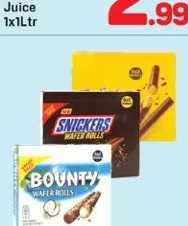 Twix, Snickers, Bounty Wafer Roll 5x22.5gm