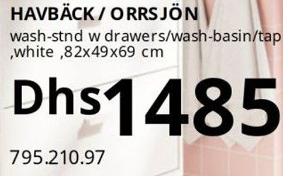HAVBÄCK / ORRSJÖN wash-stand w drawers/wash-basin/tap, white, 82x49x69 cm