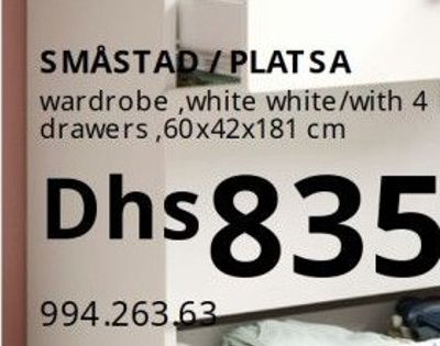 SMÅSTAD / PLATSA wardrobe, white, with 4 drawers, 60x42x181 cm