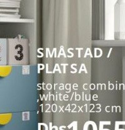 SMÅSTAD / PLATSA storage combination, white/blue, 120x42x123 cm