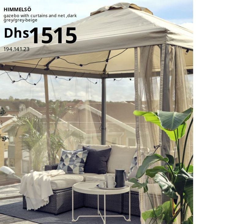 HIMMELSÖ gazebo with curtains and net, dark grey/grey-beige