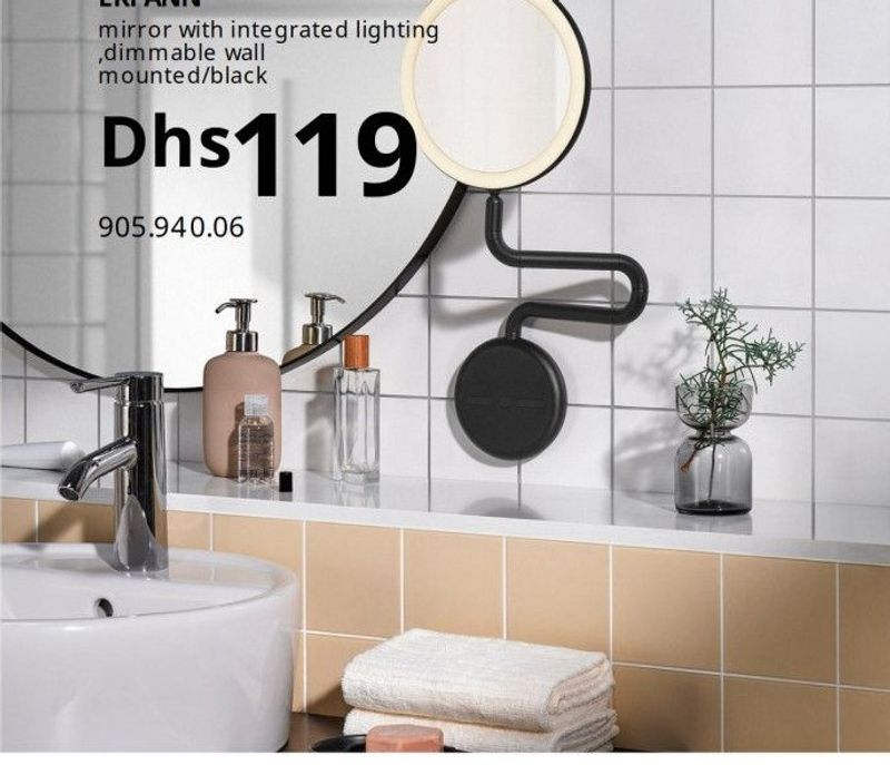 EKFÄNN mirror with integrated lighting, dimmable wall mounted/black