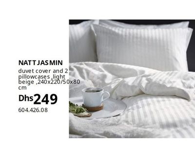 NATTJASMIN duvet cover and 2 pillowcases, light beige, 240x220/50x80 cm
