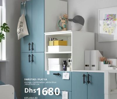 SMÅSTAD / PLATSA storage combination, white/blue, 180x57x181 cm