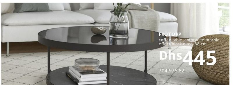 FRÖTORP coffee table, anthracite marble effect/black glass, 88 cm