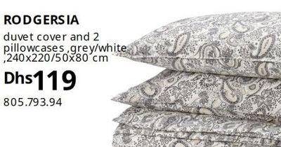 RODGERSIA duvet cover and 2 pillowcases, grey/white, 240x220/50x80 cm