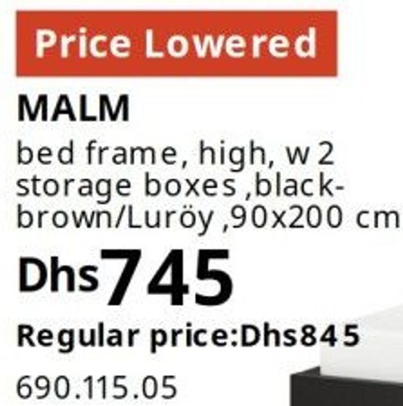 MALM bed frame, high, w 2 storage boxes, black-brown/Luröy, 90x200 cm